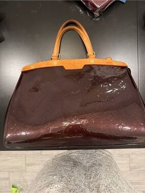 Louis Vuitton patent monogram Satchel in deep burgundy with tan trim